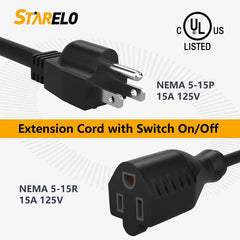 STARELO 2-Way 3 Prong Extension Cord with ON/OFF switch,3 Prong,Y-Splitter, Pimary 14AWG 15A/125V and secondary 18AWG 10A/125V with one NEMA 5-15P Plug and Two NEMA 5-15R Receptacles.