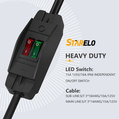 STARELO 2-Way 3 Prong Extension Cord with ON/OFF switch,3 Prong,Y-Splitter, Pimary 14AWG 15A/125V and secondary 18AWG 10A/125V with one NEMA 5-15P Plug and Two NEMA 5-15R Receptacles.