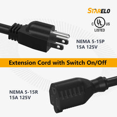 STARELO 2-Way 3 Prong Extension Cord with ON/OFF switch,3 Prong,Y-Splitter, Pimary 14AWG 15A/125V and secondary 18AWG 10A/125V with one NEMA 5-15P Plug and Two NEMA 5-15R Receptacles.