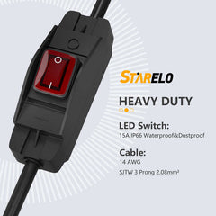 STARELO Extension Cord with Waterproof Switch 3-Prong Outdoor 1875W Black Heavy Duty Extension Cord, 14/3 SJT Extension Cord,Control Switch ON/OFF 15A 125V Grounded Plug Receptacle.