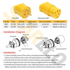 STARELO 10PCS Connector Extension Cord Ends Yellow Shell 125V 15A 2Pole 3Wire NEMA5-15R Industrial Grade 3-Prong Straight Blade Grounding Type,UL Listed(Female).