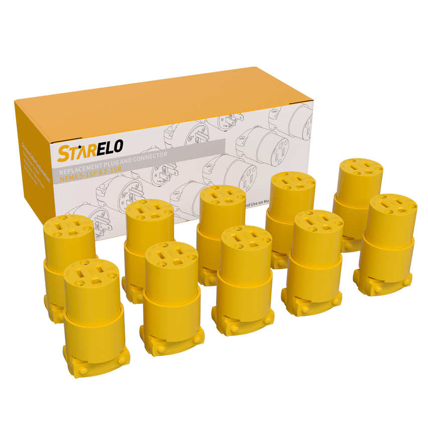 STARELO 10PCS Connector Extension Cord Ends Yellow Shell 125V 15A 2Pole 3Wire NEMA5-15R Industrial Grade 3-Prong Straight Blade Grounding Type,UL Listed(Female).